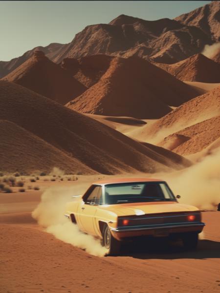 <lyco:RogerDeakins:1.0> a car chase scene at the desert, in the style of Ashes of Time movie, in the style of step-printing, motion, out of focus, noise, directed by Wong Kar-wai, roger deakins, red and bronze, grainy, raw metallicity,