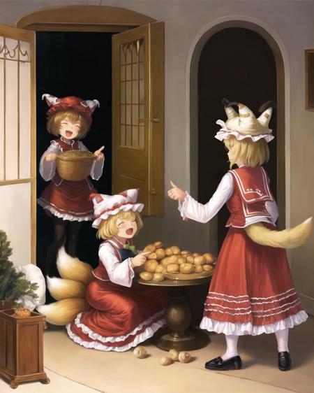 amb, 2girls, ^ ^, animal ears, bangs, basket, blonde hair, bow, bowtie, brown hair, cat ears, cat tail, closed eyes, closed mouth, day, door, dress, fine art parody, food, fox ears, fox tail, frilled skirt, frills, full body, hands up, hat, head tilt, height difference, holding, holding food, indoors, long sleeves, looking at another, medium skirt, mousetrap, multiple girls, multiple tails, onion, open mouth, pantyhose, parody, pillow hat, pointing, red skirt, red vest, shoes, short hair, sitting, skirt, skirt set, smile, stairs, standing, tabard, table, tail, vegetable, vest, white dress, wide sleeves, yellow eyes, chen, yakumo ran <lora:amibazh_v2-000012:1>