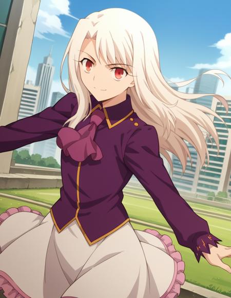 illyasviel von einzbern, long hair, red eyes, white hair, hat, boots, scarf, coat, capelet, white scarf, purple headwear, fur hat, papakha, skirt, shirt, long sleeves, boots, ascot, white skirt, frilled skirt, purple shirt,