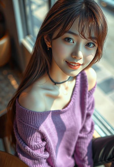 DSLR-style, slender, elegant 26-year-old Korean model, extremely pale skin with natural texture, soft shadow on cheek, diffused daylight from side, parted lips, masterpiece, ultra high-res  
<lora:NOOB_vp1_detailer_by_volnovik_v1:1>
barely visible pores, subtle skin texture variation, translucent skin tone, full body. 
score_9, score_8_up, score_7_up, score_6_up, jaiden animations, 1girl, solo, white skin, black eyes, brown hair, long hair, purple sweater, exposed shoulders, black leather pants, choker, earrings, cafe, looking at viewer, smile, from above, sitting, pov
muscle breasts, (((Extremely high-resolution))),
(depth of field:1.3),
<lora:MythAnim3Style:0.9>, 
 asian face, (Korean)(black eyes) (masterpiece:1.4), (best quality:1.2) 
<lora:RMSDXL_Enhance: 1.2> 
<lora:hd_4k_ntc: 1.2> 
(high resolution)
 <lora:S1_Dramatic_Lighting_v2:0.15> <lora:g4n1m3XLP:0.8>
<lora:d3t41l3dXLP:0.5> <lora:surrealidescent_v1:3.14>
<lora:flux dtmh:3.14> 
<lora:Hand v2:3.14>,
<lora:add-detail-xl:2>
(((lora:Expressive_H:2.0)))
((huge breasts:1.1)), 
narrow waist, wide hips, (messy_hair:1.0),
<lora:ponyv5_noobV065S_1_adamW-000013:0.7> <lora:USNR_STYLE_XL_lokr:0.5> <lora:EtherSDXL:0.15> <lora:748cmSDXL:1.0> <lora:backlitILL:0.8>