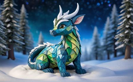 Idyllic, In a twinkling, snow-covered glade, a diminutive and sprightly figure darts among frost-laden trees, its scales shimmering in hues of icy blue and vibrant green, reminiscent of a mythical dragon in miniature. This whimsical being, with pointed ears peeking through its snowflake-speckled fur hat, embodies the mischievous yet heartwarming essence of the holiday season. Its eyes, bright as the North Star, hold centuries of yuletide secrets. Clad in a patchwork coat stitched from the night sky and the northern lights, it carries a satchel brimming with mysterious, handcrafted toys and trinkets, leaving a trail of sparkling magic and soft jingles in the crisp winter air, a herald of festive wonders and joyous enchantments., peaceful, happy, pleasant, happy, harmonious, picturesque, charming