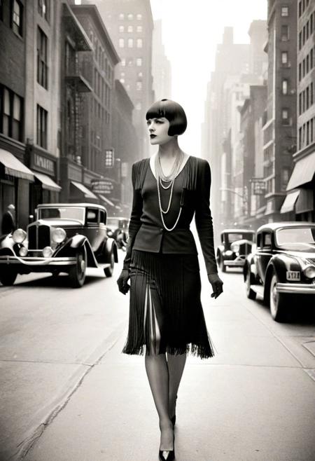 a seductive woman <lora:louiseB:1.2> louise brooks, short black hair, bangs (pageboy haircut), walking in metropolis street