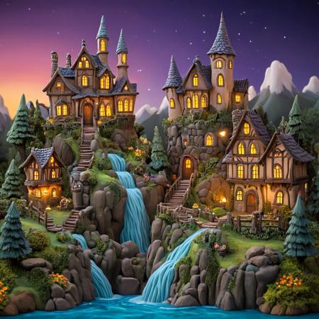 (novuschroma51 styleA breathtaking magical world where everything is sculpted from smooth,) colorful clay. Rolling hills, towering castles, and enchanted forests are crafted with soft, rounded details, giving a handcrafted and playful charm. Tiny clay villages with whimsical houses, glowing lanterns, and cobblestone streets stretch across the landscape. In the center, a majestic clay waterfall flows like liquid magic, glowing faintly with an ethereal shimmer. The sky is painted in soft pastel hues, with floating clay islands drifting gently above. Throughout the scene, charming clay figurine characters—knights, wizards, fairies, and mythical creatures—move as if alive, their expressions full of warmth and wonder. The lighting is soft and enchanting, casting gentle shadows that enhance the handcrafted textures. The entire world feels like a living fairytale, bursting with imagination and magic.