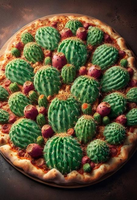 Product photo, A pizza made out cactus, in 
hell,detailed,