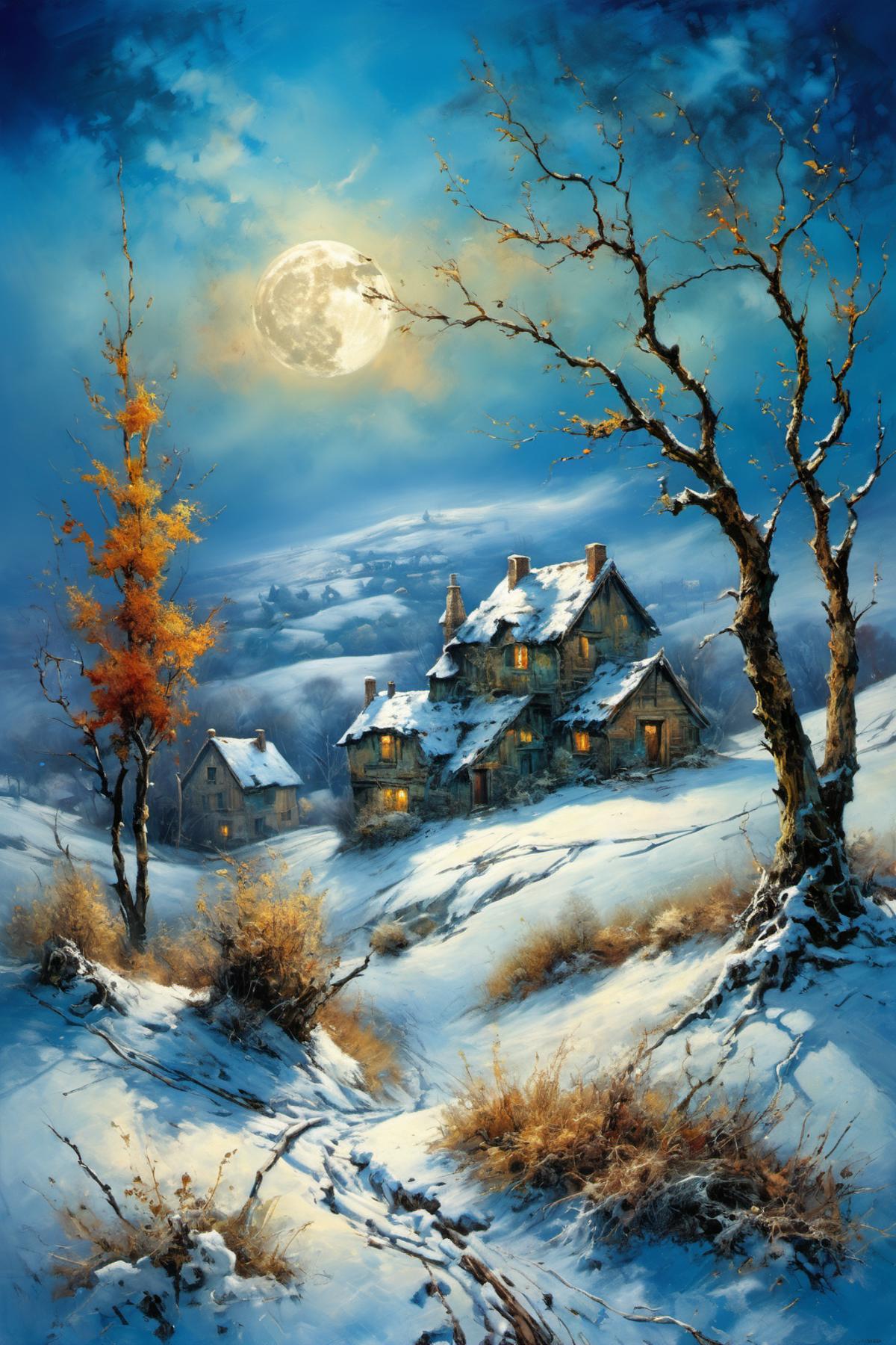 A snowy landscape with a house and a moon in the background.
