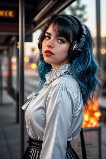 photo of (EPS4r4hBust4n1:0.99), closeup portrait, perfect hair, (modern photo, High-neck blouse with a pleated front and ruffled collar), dyed hair, blue hair, headphones , 24mm, (analog, cinematic, film grain:1.3), (([ai data processing center,  virtual reality construction planning,marble stone,vinyl siding,metal roofing roof, outdoor fire pit,tiki torches with fire, footlighting| bus stop], gradient:1.1)), ((detailed eyes)), ((eyeliner, long lashes)), (epicPhoto), long eyelashes, (perfect waist), (painted lips)