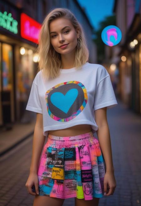 woman wearing graffiti print oversized tee, neon circle skirt, 80s style neon-lit signs, Vibrant signs advertising various shops and attractions,