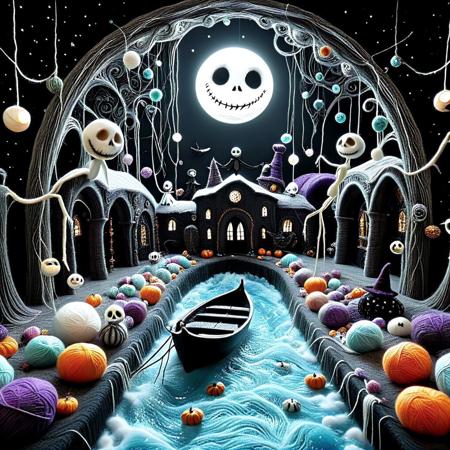 A darkly whimsical, Tim Burton-inspired surreal yarn covered sewer tunnel, smooth polished chromium walls inlaid with vibrant yarn, glinting lerie stars. Raging crystalline water rushes through a canal shaped with golden ratio curves and swirling fractal eddies. A crooked, gothic candy-colored boat, reminiscent of the Charlie and the Chocolate Factory tunnel boat, drifts through the canal. Strange characters with long, thin limbs, stitched clothes, and pale, ghostly faces — inspired by Jack Skellington and James and the Giant Peach — paddle madly in unison, their expressions gleeful yet slightly unsettling. The tunnel crazy yarn decorations with Burton’s twisted, spindly elven architecture: archways curve like spider legs, organic shapes loom overhead, glowing bioluminescent gems cast spooky shadows, and kaleidoscopic reflections flicker on the chrome walls. The atmosphere is darkly magical, Gothic and playful, ultra-detailed, cinematic, with a Tim Burton-style stop-motion vibe, rendered in Unreal Engine and 8K.  cinematic lighting with rim lights, highlights, and visible micro-textures, Macro photography, ray-traced reflections, National Geographic detail