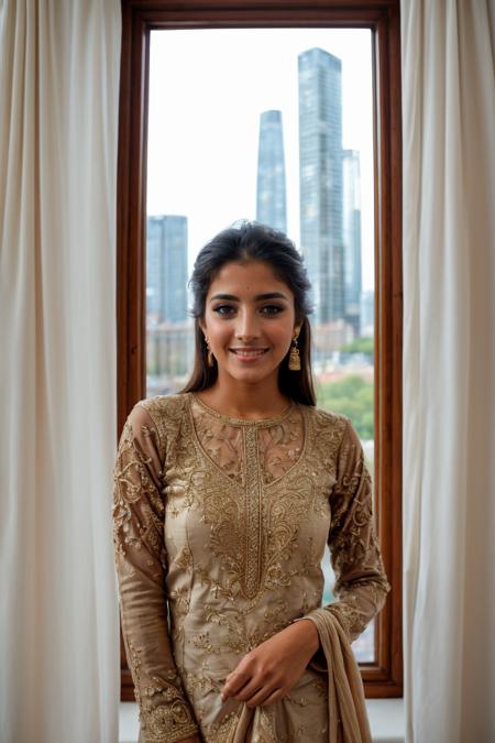 wide angle photo, ovfi, view through window,( view of city tower block through window:1.3), (london:1.1), iconic london skyline, {front|side|back} view, candid amateur, beautiful sexy sensual playful petite small person pakistani woman wearing ornate detailed embroidered {kameez|lehnga|saree}, bay windows,  large windows, <lora:buildings view from indoors_epoch_9:0.5>, <lora:add_detail:0.5>, knowing smile, masterpiece, best quality, absurdres, highres, 4k, intricate details, highly detailed, <lora:real_skin:0.7> skin, blushing, shy, <lora:retromanba:0.5> Yamanba (dark skin), (focus on background:1.2), RAW photo, 8k uhd, dslr, soft lighting, high quality, film grain, Fujifilm XT3, lr