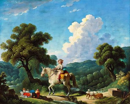 rococo, Fragonard, oil painting \(medium\), traditional_media, <lora:Fragonard_v1:0.7>, wooded landscape ,horseback, woman on a horse, path, blonde_hair, bush, cloud, cloudy_sky, day, forest, grass, hat, house, landscape, long_hair, mountain, multiple_girls, nature, outdoors, road, scenery, sky, tree