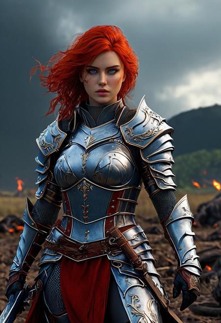 safe_pos, High resolution ultra-realistic of Beautiful Warrior girl, Fantasy style, 8k, dramatic lighting, standing on a bloody and stormy battlefield in a (fighting pose:1.1), fire, intricately designed shining iron armor, red skirt, perfect athletic figure fire, dirty face, ultra realistic, cinematic style, athletic figure, dark fantasy, covered in dirty and blood, cinematic colors Lighting, wavy red hair, realistic dirty bloody pale face, realistic blue eyes, beautiful Warrior girl on in cool iron armor, hyper-detailed, hyper-realistic, bright colours, Attractive 21 old years girl, Attractive, beautiful firm Breasts, sharp focus, digital painting, Photograph Taken on Nikon D750, Alphonse Mucha, 8K, athletic figure, Hyperdetailed, hyperrealism, Attractive, Attractive bust girl, asymmetric balance
