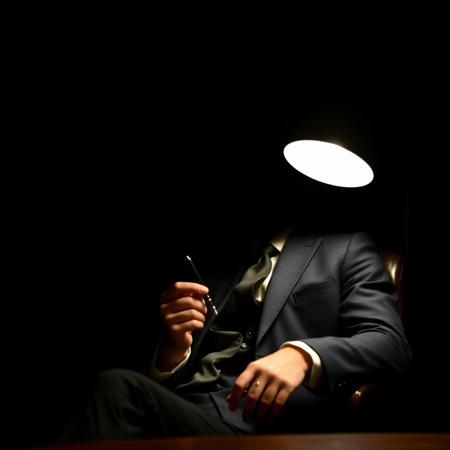 A young man with classic suit looking from side  in dark holding a pen in his hand sitting in a chair, table , with a dark background that highlights in face nothing visible a lamp in table , legs above legs , he don't look to viewer,