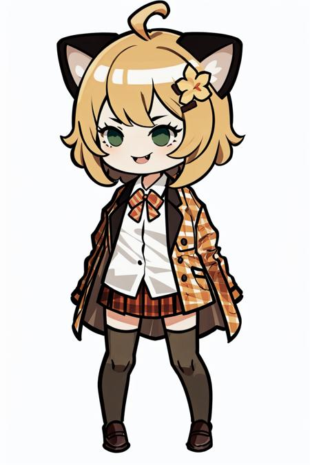 <lora:clear_LibraryofRuina-fight:1>, 1girl, virtual youtuber, cat ear legwear, animal ear legwear, skirt, solo, flower, thighhighs, hair ornament, hair flower, green eyes, sunflower hair ornament, ahoge, open mouth, shirt, full body, jacket, blush, plaid skirt, loafers, bow, shoes, smile, plaid, black footwear, looking at viewer, brown hair, zettai ryouiki, blazer, white background, green skirt, pleated skirt, white shirt, red bow, school uniform, simple background, bowtie, collared shirt, long sleeves, bangs, standing, :d, sunflower, medium hair, short hair, open clothes, buttons, miniskirt, red bowtie, open jacket, black thighhighs, hairclip