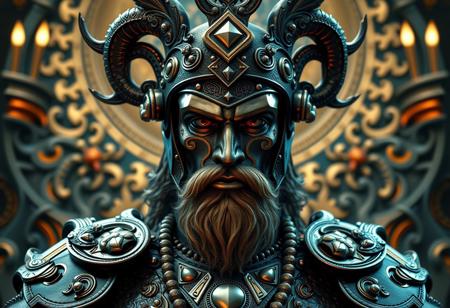 Generate a highly detailed, 16k octane render of a Celtic Guardian on an Altar of the Bound Deity background, incorporating elements of lucha libre and 70s design. The full-body portrait should feature a small beard, brown resin details, and high contrast metal accents. The image should adhere to the golden ratio and have a centered composition. Incorporate references to Art Nouveau and the styles of Steve Argyle, Giorgio de Chirico, and Lau. The atmosphere should be grim yet sparkling with cinematic lighting. Ensure the image is ultra-realistic with intricate details, vibrant colors, and a high level of texture. The final output should be 8k resolution with a Kodak film stock aesthetic. Apply post-processing techniques to achieve a masterpiece-level image trending on Artstation.