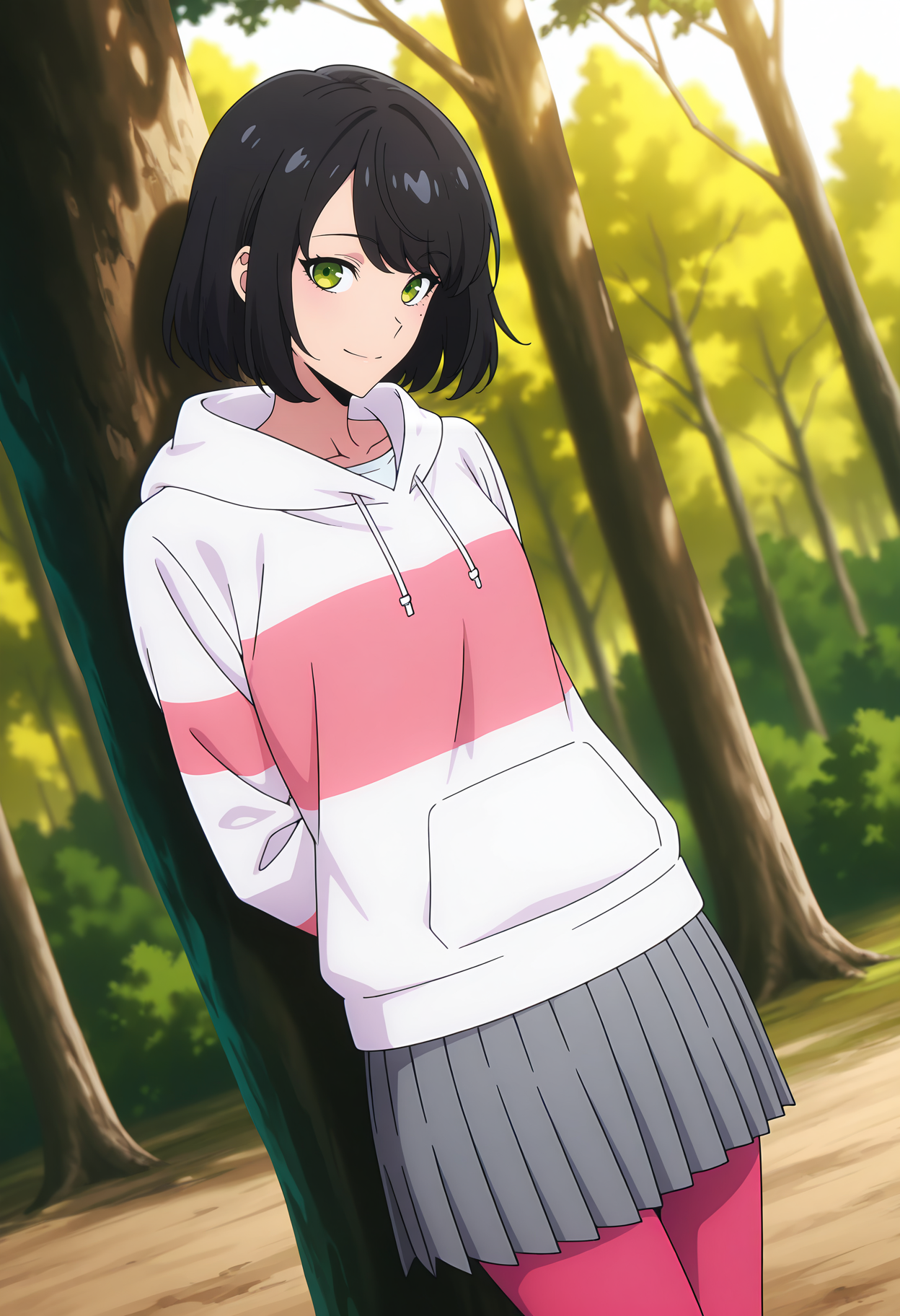 A smiling young woman with shoulder-length black hair and green eyes, leaning against a tree in a sunlit forest. She wears a white and pink hoodie, a pleated gray skirt, and pink tights. 