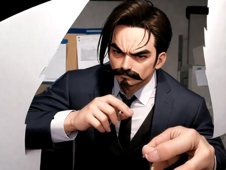 absurdres, highres, solo, tearing paper, man, mustache, office, formal, suit, brown hair, looking at viewer, muscular, angry,
<lora:tearing_paper_v010:1>  <lora:envybetterhandsLocon_beta2:1>