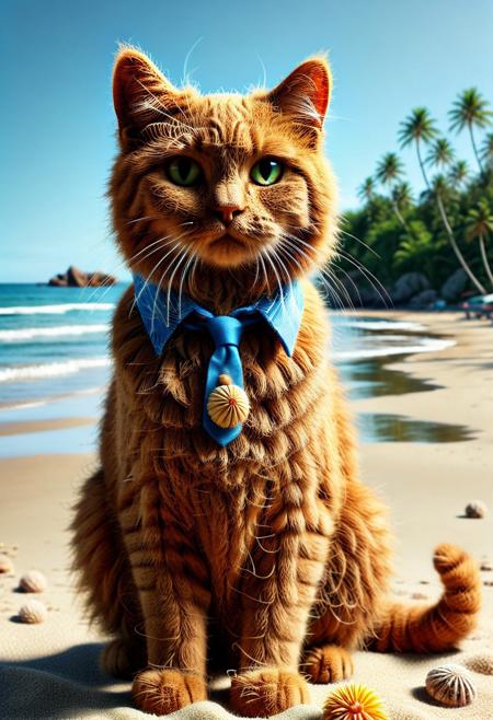 Ultrarealistic. sharp focus, dynamic lighting. play of light, reflection, refraction, Raytracing, Ultra detailed. A cat wearing a shirt made of pamcocomat at the beach.
