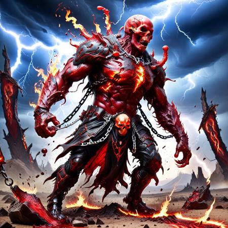 a bloodforged golem towering over scorched earth, armor plated with screaming skulls, veins glowing red beneath cracked obsidian, dragging a chain made of fused spines, surrounded by lightning-charged dust, flaming rubble, and crushed banners, blood