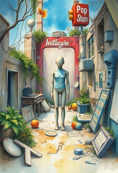 A delicate watercolor painting depicting a human figure in a surreal 3D art style.  The scene showcases translucent washes and fluid brushstrokes, presenting pop culture ruins, overgrown vegetation, and decayed objects. The overall aesthetic is imaginative realism with a playful yet eerie atmosphere, using vibrant colors.