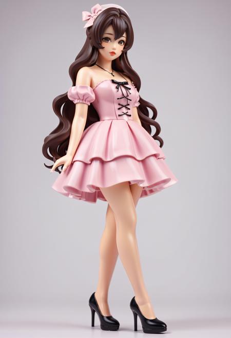 1girl, (asian:1.25) girl, figurine, anime style, dark brown hair, detailed hair, volume hair, radiant eyes, realistic, pretty face, detailed lips, glossy skin, simple background,  pink gothic dress, stockings, high heel pumps, posing elegantly,