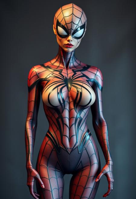 18yo alien spiderwoman supermodel female in skin tight Spiderman like outfit - so intricate detailed and thin that it seems painted on and accentuates her slender prefect supermodel body and huge gigantic sagging natural hangin hyper large breasts, wide angle full body image), (nipple bulges)+++++++++++++++++, Cameltoe++++++++, (no alien shaped head)++++++++++++++, hyper large amazing sculpted breasts, (not cropped, no close up, no portrait)++++++++++++++++++++, (perfect anatomy, detail, exposure, color, saturation, clarity, coloring and resolution)++++++++++++++++, not facing camera, (her bare breast are exposed but her nipples are covered by matching spiderweb pasties+++