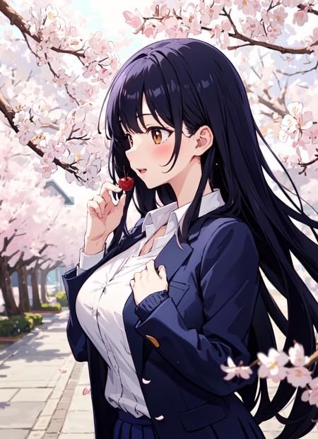 masterpiece, absurdres, ultra-detailed, Yamada Anna, 1girl, solo, long hair, blush, large breasts, black hair, long sleeves, brown eyes, school uniform, jacket, white shirt, pleated skirt, collared shirt, blue skirt, blazer, cardigan, blue jacket, (realistic:0.35), blush, smile, side profile outdoors, cherry blossoms, :o, shocked, excited, colorful, breast pocket, <lora:Yamada_Anna-15:0.6>, messy bangs, looking at the cherry blossoms, looking up