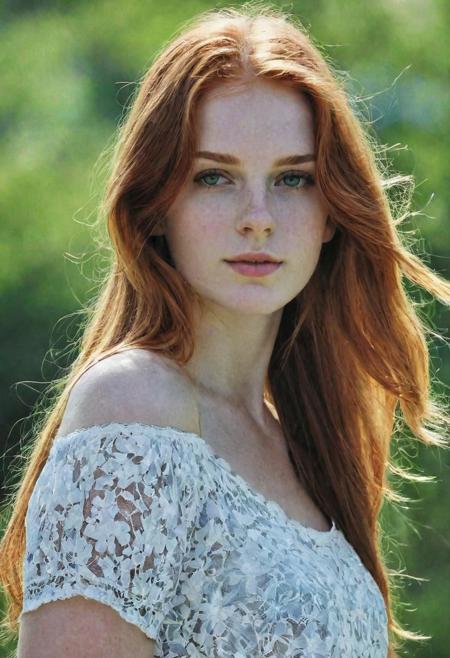 realistic, 1girl, young and gorgeous, red long hair, thick, supermodel, upper body, soft face, summer season