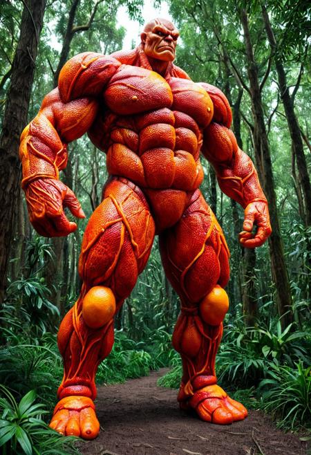 score_9,score_8_up,score_7_up, The image depicts a towering, muscular golem, in blood orange style, entirely made of blood orange, standing majestically amidst a lush, verdant forest. Its form is robust and imposing, with broad shoulders and powerful limbs, intricately detailed with organic-like straw textures. the view emphasizing the grandeur of the forest guardian. The surrounding environment is in natural light, filtering through the dense canopy, creating a mystical and fantastical atmosphere.  <lora:1:1>