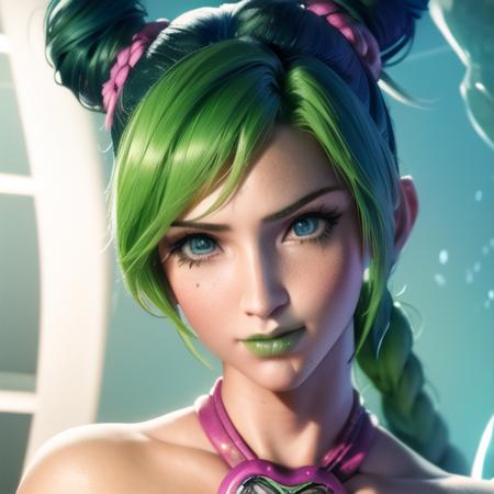 unrealengine,realism, anime face, detailed eyes, female, feminine, spider_web_print, female, perfect face, perfect body, 4k, anime artwork, ((masterpiece)) illustration of kujo_jolyne, 1girl, ((solo)),  hair buns, single braided_ponytail, green_lips, makeup, green_hair, two-tone_hair,  (extremely detailed, hyper detailed), (((intricate details))), soft lighting , amazing colors , jojo_no_kimyou_na_bouken<lora:kujojolyne-000001:0.9>  art style , sakistyle, <lora:finalFantasyVIIRemake_v1:0.5> <lora:sakimiChanLora_v10:1>