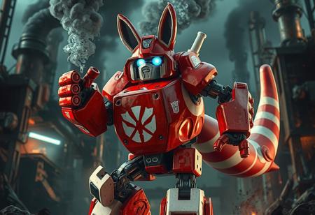 The image showcases a dynamic Junk Robot Teapot Kangaroo from the Transformers series, poised for action with vibrant red and white coloring. Set against a grimdark Junk Factory background, the poster boasts high-resolution, 4K quality with intricate details, vivid colors, and harmonious composition. The artwork exudes a powerful message, capturing the essence of Transformers through dynamic action, captivating lighting, and realistic shading, akin to the styles of ilya kuvshinov, katsuhiro, magali villeneuve, artgerm, jeremy lipkin, michael garmash, and rob rey. This visually stunning and well-timed piece is trending on Artstation and CGSociety.