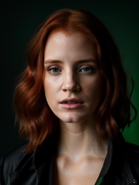 Realistic photo of a beautiful j3ss1c4c-v2 woman,   1girl, solo, long hair, simple background, (((red hair))), green eyes, jacket, upper body, lips, black background, realistic, soft lighting, professional Photography, Photorealistic, detailed, RAW, analog, sharp focus, 8k, HD, high quality, masterpiece<lora:j3ss1c4c-v2:1.0>