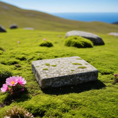 Product photography, with a grassy background and some pink flowers and plants. In the foreground, there is an empty flat stone on moss-covered ground, against a blue sky. The image has a depth of field effect, creating a spring atmosphere with fresh colors. It is super detailed and super realistic, with high resolution, high quality, and high detail. The professional color grading, soft shadows, and clean, sharp focus result in intricate details and a pleasing bokeh effect, captured with a Canon camera