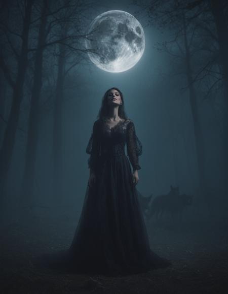 cinematic photography, 4k, photorealistic, An enchanting, sexy witch with flowing, raven-black hair, wearing a black, revealing, lace-trimmed outfit, dances gracefully under the full moon, the witch is surrounded by tall, shadowy werewolves, their fur glistening under the moonlight as they circle her in a hypnotic rhythm, the scene is set in a mystical, fog-covered forest clearing, illuminated by the pale moonlight filtering through the trees, the witch's movements are fluid and sensual, as she raises her arms to the sky, her body glowing with an ethereal light, the werewolves' eyes gleam, locked on her as they move in sync with her, creating a cinematic, mystical atmosphere, the sky is a deep indigo, stars scattered across the heavens, casting a magical glow over the scene