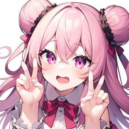 1girl,stream,naughty face,double bun,hollow eyes,collared dress,pink theme hair,