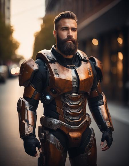 cinematic film still <lora:FF.101.juggernautXL_version6Rundiffusion.LyCORIS:1.5> Portrait photo of muscular bearded guy in a worn mech suit, ((light bokeh)), intricate, (steel metal [rust]), elegant, sharp focus, photo by greg rutkowski, soft lighting, vibrant colors, (masterpiece), ((streets)), (detailed face:1.2), . shallow depth of field, vignette, highly detailed, high budget, bokeh, cinemascope, moody, epic, gorgeous, film grain, grainy