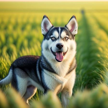 Happy husky dog ​​on nature in a field with growing wheat.