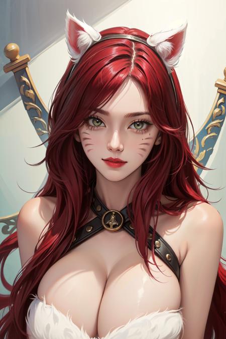 kitty cat katarina, 1girl, fur trim, strapless bra, cleavage, red hair