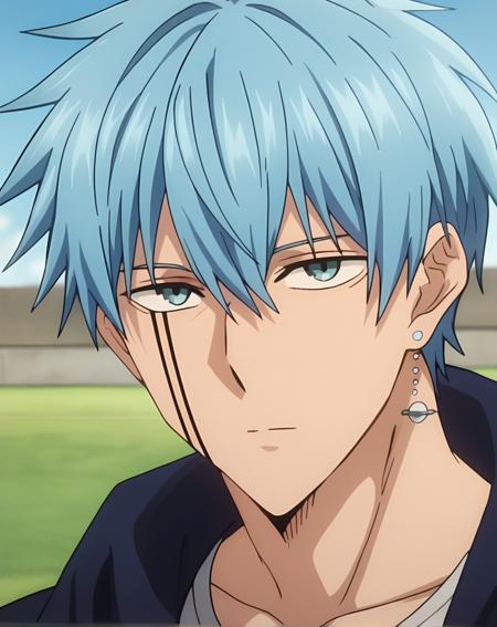 crown_lance blue hair, blue eyes, short hair, hair between eyes, bangs facial tattoo single earring