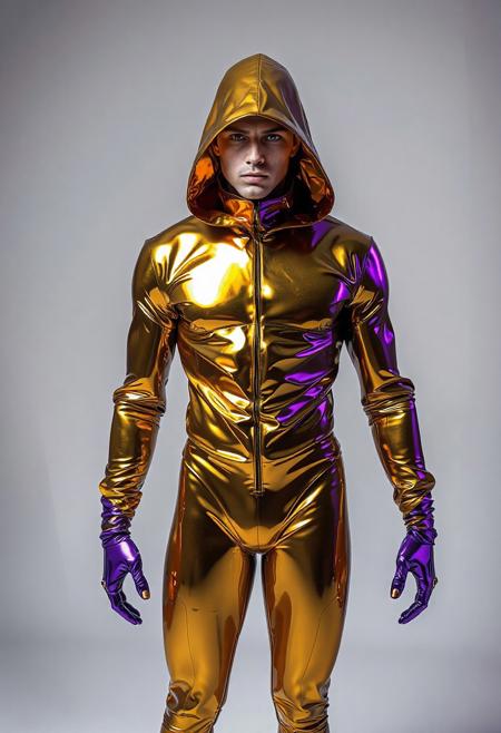 abstract male model in latex shiny full body outfit  avant-garde style with reflective gold and purple bold Color Scheme