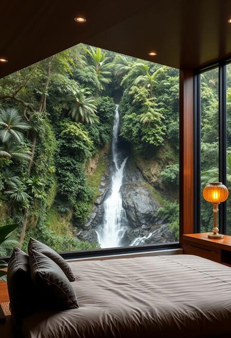 A stunning ultra modern bedroom scene situated on the top edge of a waterfall in a lush green tropical forest, bedroom is furnished in lush brown leather tones, rich wood, clean modern glass lamps with warm inviting lighting, large windows let in natural light and provide a stunning view of the waterfall cascading down to the valley below