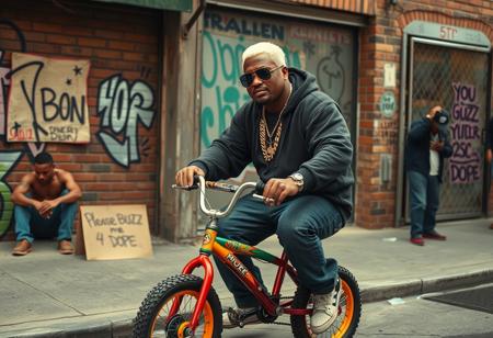“Create a highly detailed, realistic photographic image captured with an aspherical Panavision 105mm lens effect. The scene features a big, heavyset rapper with a bold hip-hop style, inspired by Snoop Dogg and 50 Cent, riding a small, colorful young boy’s bicycle. The rapper has short, platinum blonde hair, adding a unique edge to his look. He wears large gold chains with diamond accents, oversized sunglasses, and a fitted cap turned slightly to the side. His outfit includes a baggy hoodie, jeans, and classic sneakers, with visible tattoos on his forearms. His expression is cool and confident, capturing classic hip-hop swagger. Nearby, a man sits on the sidewalk, casually smoking crack, adding to the gritty atmosphere of the scene. A cardboard sign on the wall reads, ‘Please BUZZ me 4 dope,’ enhancing the urban vibe. In the background, set in the Bronx, is a gritty urban environment with graffiti-covered walls and a hint of street activity, including someone discreetly smuggling a small, suspicious package. The scene combines realism with a dramatic urban vibe, highlighting hip-hop culture and the street’s raw atmosphere.”