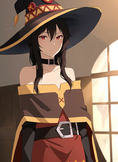 the legend of korra, masterpiece, best quality, megumin, 1girl, bare shoulders, black cape, black gloves, black hair, cape, choker, collarbone, dress, hair between eyes, hat, long sleeves, looking at viewer, medium hair, off-shoulder dress, off shoulder, red dress, red eyes, sidelocks, solo, witch hat, indoors,  <lora:the_legend_of_korra_offset:1>