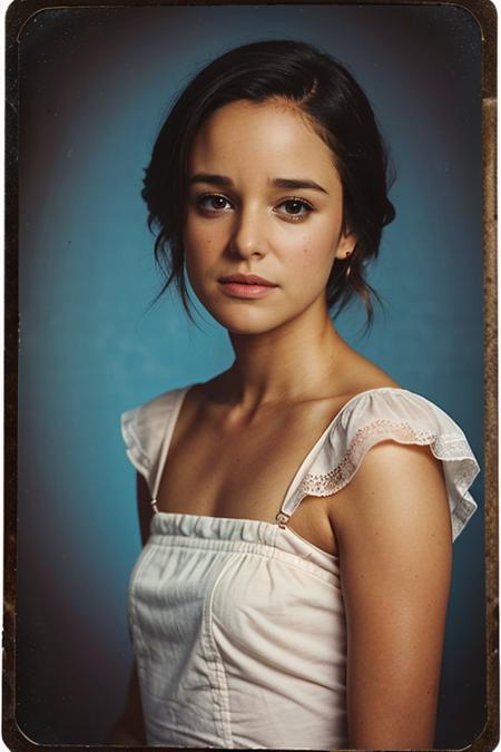 MelissaFumero-300 , ((1900s photograph, Gibson tuck, soft blush wearing cotton chemise with square neckline, ruffled cuffs, and delicate lace trim, antique setting)), Century Camera Co. Studio, 160mm f/8, 1/10s, ISO 25, ((tintype))