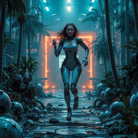 real estate photography style a cyberpunk girl with mechanical legs running through a futuristic jungle, her high-tech limbs adapting to the environment with sleek precision. professional, inviting, well-lit, high-resolution, property-focused, commercial, highly detailed