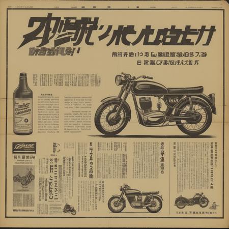 english text,A photorealistic representation of an aged newspaper laid flat on a surface, perhaps a wooden table or a vintage background. The newspaper should have a distinct 'worn' look, with slightly yellowed pages and perhaps a few creases or small tears. Prominently displayed on the newspaper should be an advertisement for an electric motorcycle. The ad should have a vintage design but feature a sleek, modern electric motorcycle. The text in the ad should be in a retro font but clearly legible, highlighting features like 'zero emissions,' 'high speed,' and 'long battery life.' The motorcycle itself should be well-illuminated and the focal point of the advertisement. Include some classic elements of old newspaper design, such as other smaller articles or ads around the main ad, to give it an authentic feel, <lora:oldjpnews:0.6>