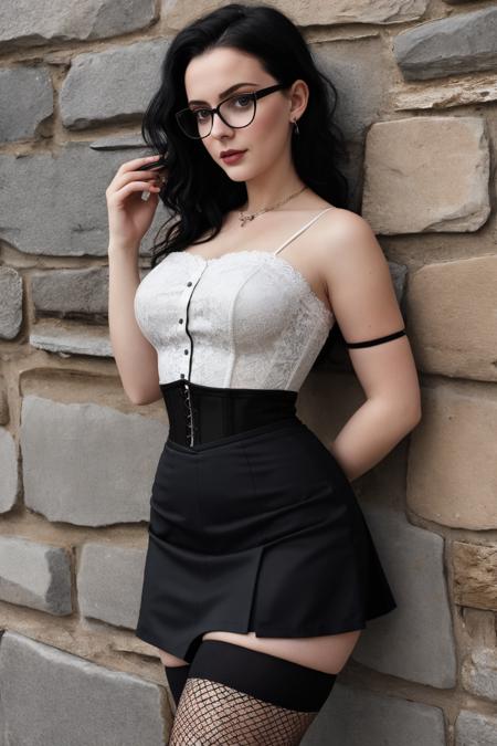 masterpiece, best quality, high quality,  1girl, 18 years old, black hair, makeup, wild hair, wide hips, sling waist, office lady, glasses, bare shoulders,  lace corset, short pencil microskirt, a slit to the waist, fishnet thighhighs,  white stone wall