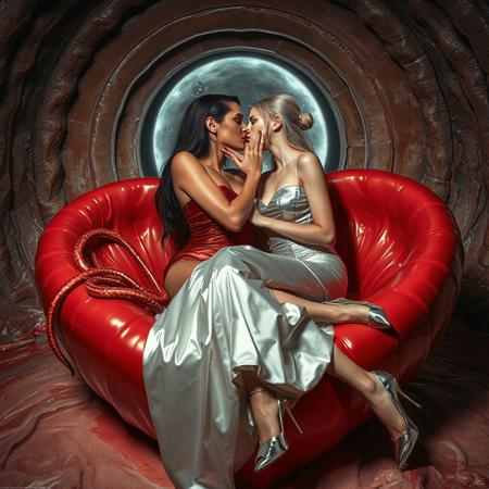 Two ladies, an evil powerful mature slender supermodel lady in a whorish red glossy satin camisole and a innocent weak young blonde bride in a silver foil fitted camisole, passionately kiss, entangled in long tentacles, on a glossy slime-covered giant heart-shaped bed, covered with giant ultrathin transparent slime veil, weird alien hive slime walls and fleshy floor, giant portal to outer space at background, reminiscent of H.R. Giger, Zdzisław Beksiński, and Ash Thorp's dark, sleek styles, with close-up glamour photography, glossy satin and silver heels glistening, fleshy slime dripping, and dark shadows.