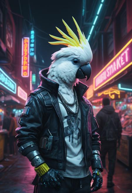 An anthropomorphic cockatoo wearing a cool cyberpunk outfit, standing in a neon lit bust market street at night in a neon-lit cyberpunk city.