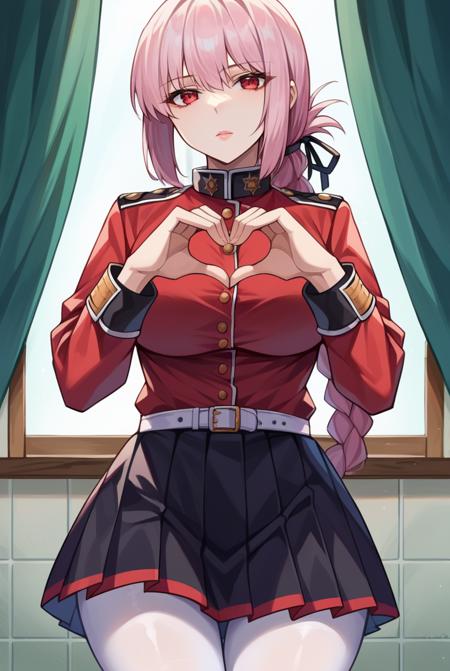 pink hair, long hair, hair between eyes, braided ponytail, folded ponytail, sidelocks, red eyes Florence_Default, military jacket, military uniform, red jacket, buttons, collar, sleeve cuffs, black skirt, pleated skirt, white belt, white pantyhose Florence_TrickorTreat, layered bikini, multicolored bikini, latex, green thighhighs, elbow gloves, shrug (clothing), nurse cap, thigh boots, thighhighs, garter straps, black microskirt, pink belt, id card, ribbon, pink panties
