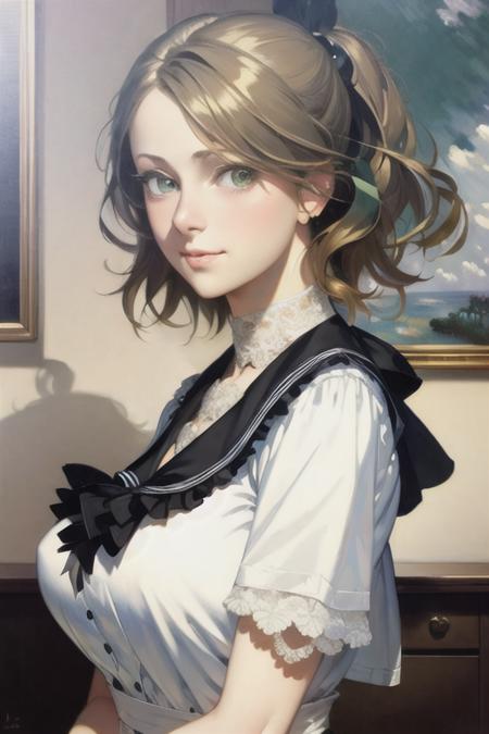 <lora:Victorian Anime Art:1>, (masterpiece, best quality:2.0), ((hyper detailed face, hyper detailed, realistic, realistic face, realistic eyes, realistic nose, photorealistic, traditional media, hyper detailed pupils, best lighting, best shadows)), 1girl, ((medium breasts, light green hair, green eyes, bobbed hair)), girl sitting in an art studio, smiling, blushing, German, black shoes, red blouse, white skirt, stockings, desk, paintbrushes, easel, canvas, pencils on desk, (art by Monet)